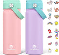 GoKEDA 18oz Kids Water Bottle, 2 Pack Insulated Bottles with Stickers, 18/8 Stainless Steel Vacuum Leak Proof Straw Cup for School, Gifts for Girls(Pink, Purple)