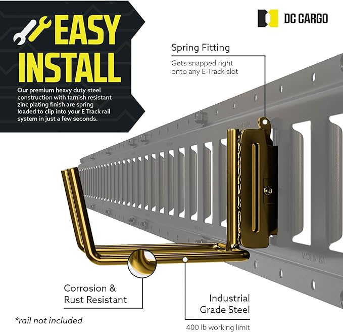 DC Cargo Mall E Track Tool Hooks 6.5” Deep (2 Pack) – Heavy Duty Black Powder-Coated Steel Hangers for Garage, Truck, Trailer, or Workshop – E Track Hook Storage for Tools and Ladder