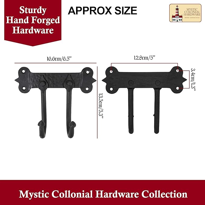 Mystic Colonial Rustic Cast Iron Wall Hanger – Heavy Duty Retro Utility Hooks, Multi-Purpose Wall Mount Hanger for Hanging Coats, Bags, Towels, Robes, Hats & More, Black