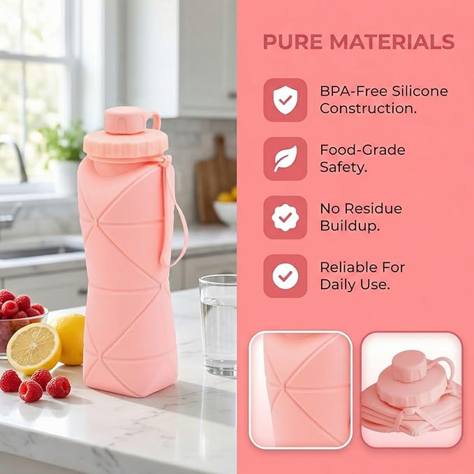Collapsible Travel Water Bottle 20oz (600ml), BPA-Free, Foldable Silicone Lightweight Reusable Water bottle with Leak-Proof Lid & Lanyard, Portable for Travel Cycling Gym Camping (Pink)