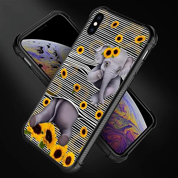 for iPhone Xs Max Case, Cute Little Elephant Sunflower White Line Art Pattern Graphic Design Girl Boy Soft Silicone Hard Acrylic Shock Protection for iPhone Xs Max