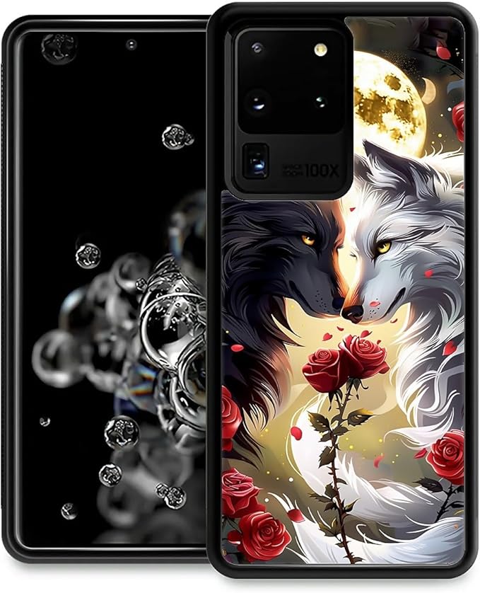 for Samsung Galaxy S20 Ultra Case, Black White Wolf Moon Flower Rose Pattern Graphic Design Girl Boy Soft Silicone Hard Acrylic Shock Protection for Samsung Galaxy S20 Ultra