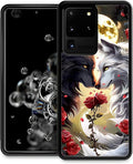 for Samsung Galaxy S20 Ultra Case, Black White Wolf Moon Flower Rose Pattern Graphic Design Girl Boy Soft Silicone Hard Acrylic Shock Protection for Samsung Galaxy S20 Ultra