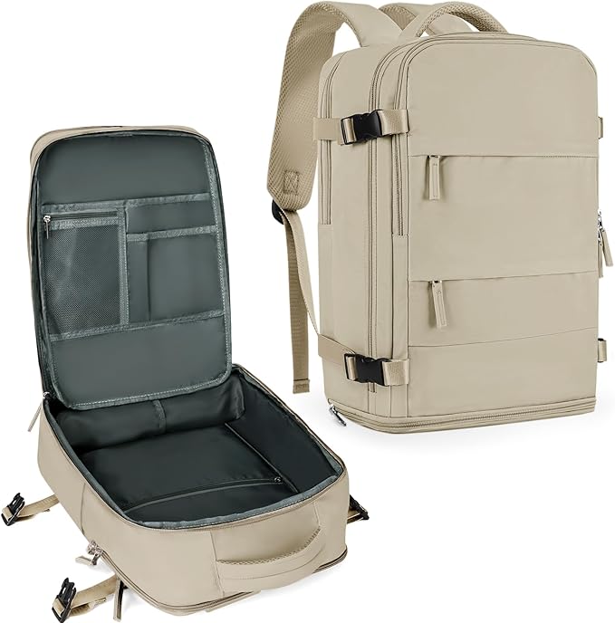 coowoz Large Travel Backpack For Women Men,Carry On Backpack Flight Approved,Hiking Backpack Waterproof Outdoor Rucksack Casual Daypack Fit 15.6 Inch Laptop Shoes Compartment (Khaki-L)