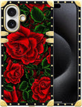 for iPhone 17 Case Luxury Golden Decoration for Girl Women Soft TPU Shockproof Protective Hard PC Back for iPhone 17 Crazy Pattern Vector Red Rose Green Leaf
