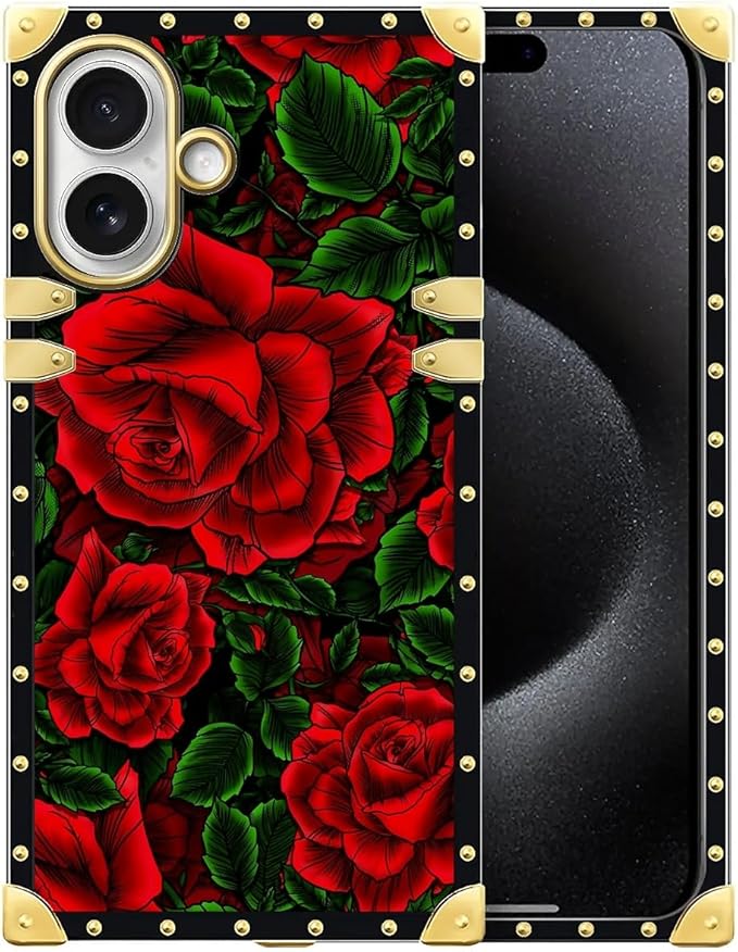 for iPhone 17 Case Luxury Golden Decoration for Girl Women Soft TPU Shockproof Protective Hard PC Back for iPhone 17 Crazy Pattern Vector Red Rose Green Leaf