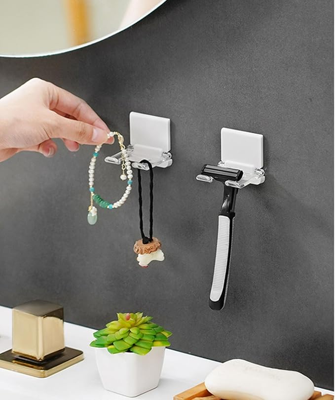 Self-Adhesive Foldable Hook | Wall-Mounted Power Cord Organizer | Razor Holder | Multi-Purpose Hanging Hook for Kitchen & Bathroom | 4-Pack↳ (4, White+Clear)