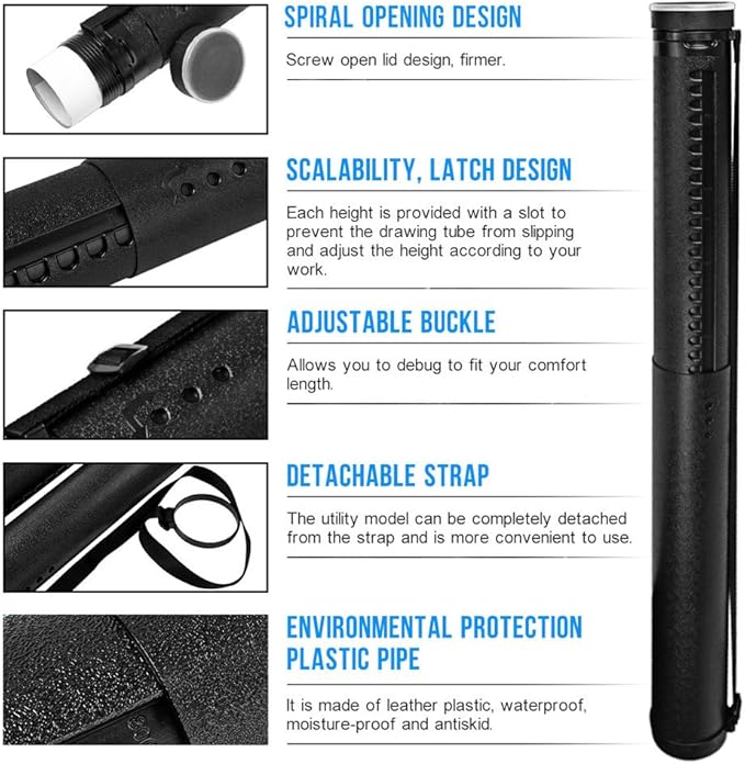 DEWEL Document Tube,Plastic Expanding Poster/Art/Document Storage Tube 24.5 to 40 inches Adjustable with Carrying Strap Waterproof and Light-Resistance Telescoping Carrying Case (Black-Large Size)