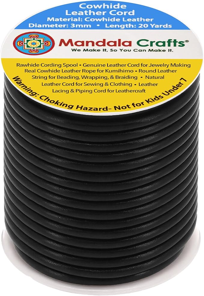 Mandala Crafts Round Cowhide Genuine Black Leather Cord for Jewelry Making Kumihimo Leather Rope Spool - Black String Lace - 20 Yds 3mm Cording