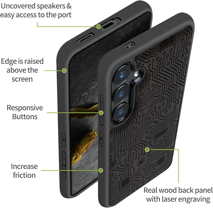Carveit Wood Case for Galaxy S24 Plus Case [Natural Wood & Black Soft TPU] Shockproof Protective Cover Unique Wooden Design Compatible with S24 Plus (Motherboard-Blackwood)