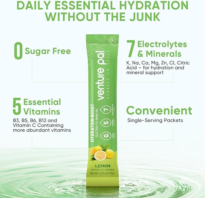 Venture Pal Sugar Free Electrolytes Powder Packets - Liquid Daily IV Hydration Packets | Instantly Hydrating & Party Recovery | 5 Vitamins & 7 Electrolytes | Certified Vegan, Keto, Non-GMO | 16 Sticks