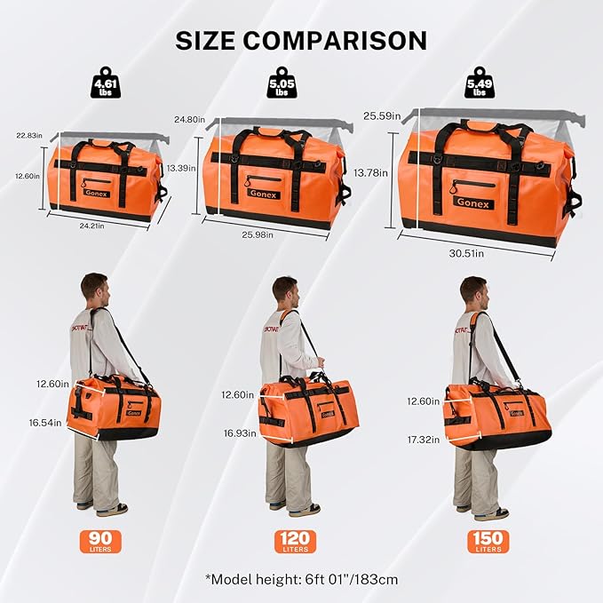 Gonex Waterproof Duffel Bag, 150L Heavy Duty Dry Duffle Bag with Reinforced Thickened Bottom, 3-in-1 Convertible Large Travel Backpack for Kayaking, Motorcycle, Camping & Boating, Orange