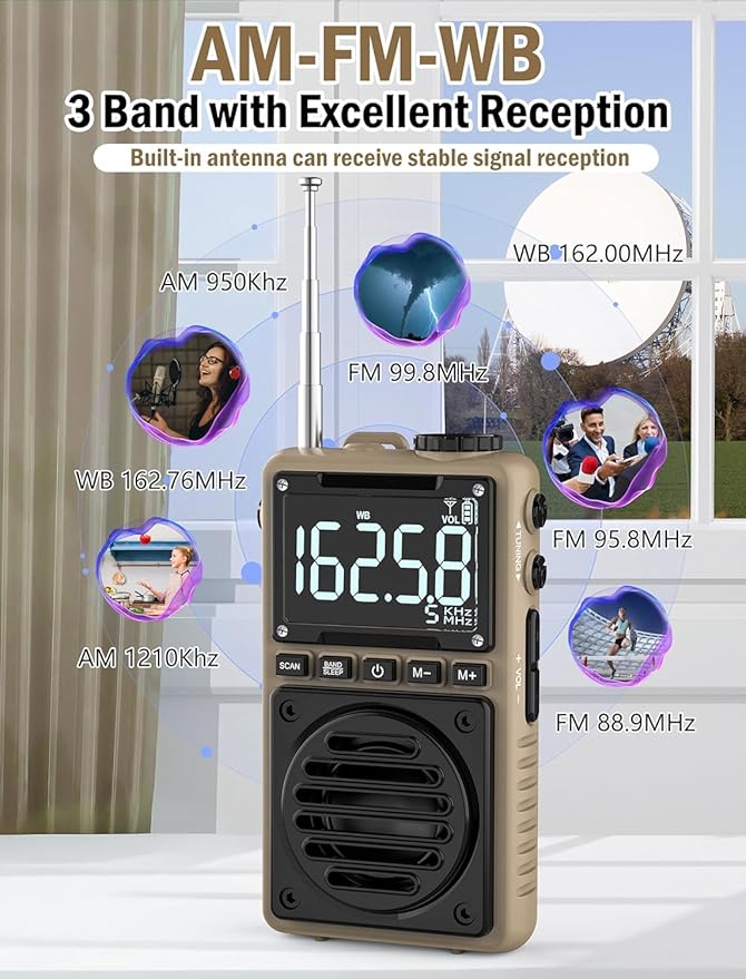 Digital AM FM Weather Band Radio 851mAh Rechargeable Portable Pocket Radio with Best Reception,Flashlight,LCD Screen, Back Clip,Stereo Earphone Jack, SOS Alarm,Sleep Timer for Jogging（Brown）