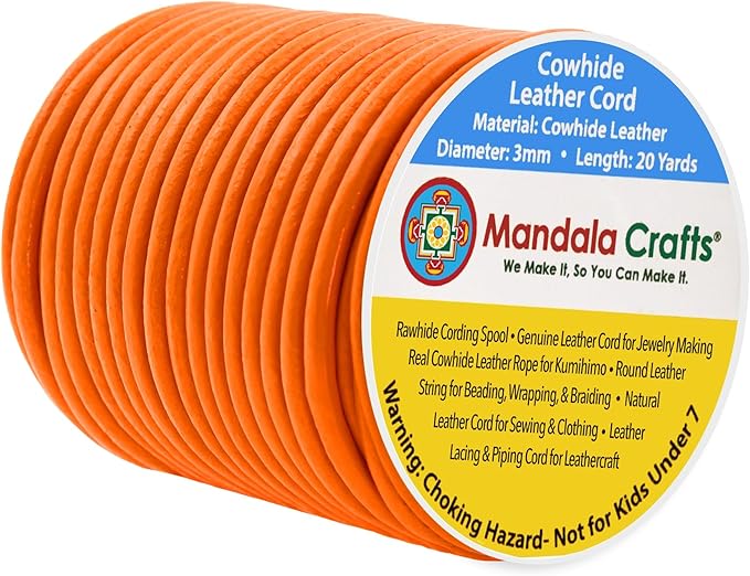 Mandala Crafts Round Genuine Orange Leather Cord for Jewelry Making – 3mm Cowhide Leather Rope String Lace for Kumihimo – 20 Yards Cowhide Craft Cording Spool