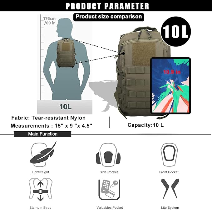 Miramrax 12L Small Backpack Day Pack - Mini Tactical Backpacks Military Daypack Molle Bag Rucksack Bug Out Bag for Hiking Camping Trekking (Green)