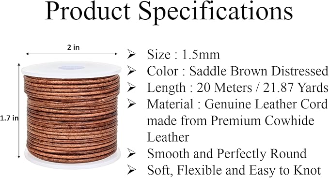 GENIQUE Real/Genuine Round Leather String Cord for Necklace, Bracelets, Jewellery, Braiding (1.5mm, Saddle Brown Distressed)