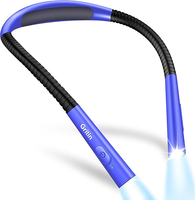 Gritin Book Light, Eye Caring 4-Color & 5-Brightness Neck Light Reading Light- Stepless Dimming,30-min Timer,80+ Hrs Runtime,Bendable Round Neck Design, Lightweight for Reading-Dark Blue
