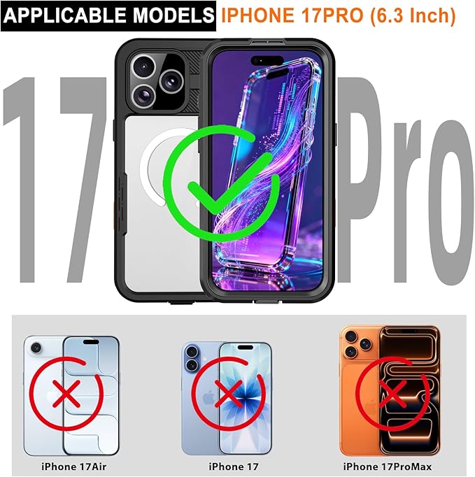Phone Case for iPhone 17 Pro, IP68 Submersible [6.6FT] Military Grade Waterproof Shockproof with MagSafe Compatible Wireless Charging, Built-in Screen Protector for Swimming Outdoor Sports