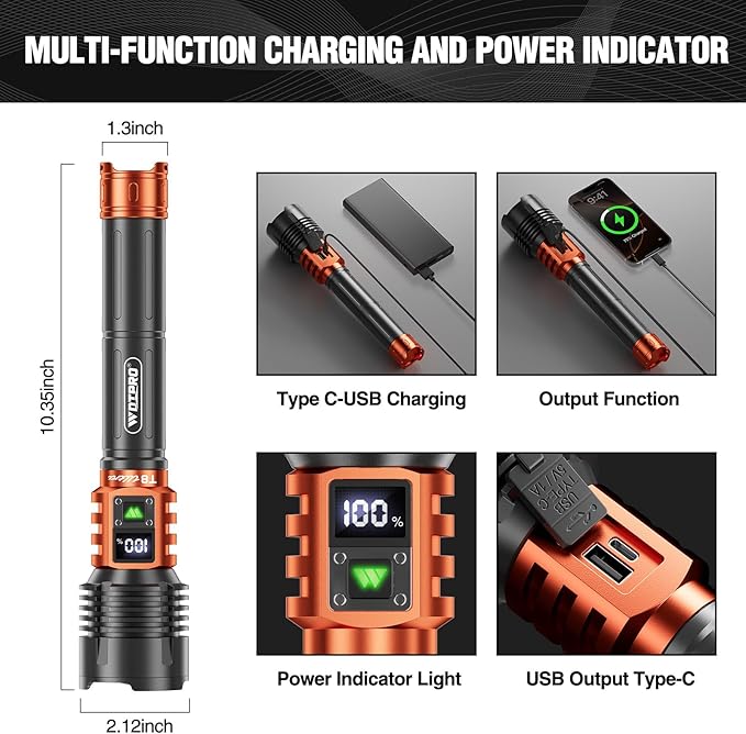 Wdtpro Rechargeable LED Flashlights High Lumens, Super Bright 90,000LM Rechargeable Flashlight with LCD Display, 5 Modes & Waterproof Powerful 10000mAh Handheld Flashlight for Camping Emergency Orange