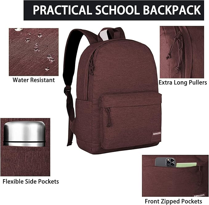 SUPACOOL Casual Laptop Backpack for Men and Women, Pencil Pouch, School Backpack with USB Charging Port, Bookbag for Boys and Girls(Coffee set)