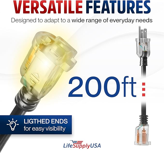 200ft Outdoor/Indoor Extension Cord 10/3 Gauge Ultra Heavy Duty 3 Prong SJTW, Waterproof, Flexible Cold-Resistant Long Power Cord,10A 125V 1000W, Black by LifeSupplyUSA
