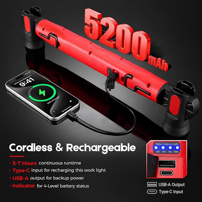 Work Light, 3000LM Ultra Bright LED Magnetic Light Bar, 5200mAh Cordless Rechargeable Work Lights with Hooks, Portable Under Hood Lights Machanic Tools for Car Repairing, Inspection, Garage, Emergency