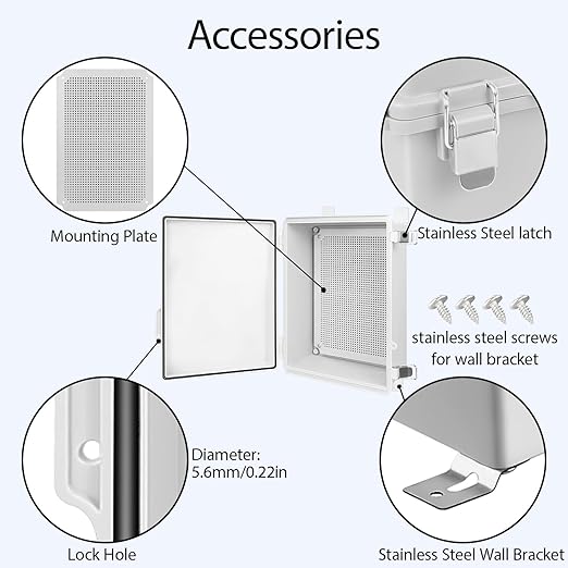 LeMotech Electrical Box, IP67 Waterproof Hinged Cover Stainless Steel Latch Junction Box, ABS Plastic Electrical Enclosure with Mounting Plate,Wall Brackets, Cable Glands, 13.8"x9.8"x5.9", Grey