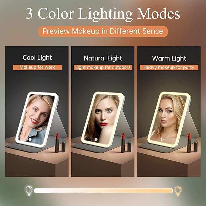 Rechargeable Travel Lighted Makeup Vanity Mirror with PU Leather Cover, Portable Travel Makeup Mirror with Lights, 3 Color Lighting,Touch Sensor Dimmable, Light Up Tabletop Cosmetic Mirror Folding