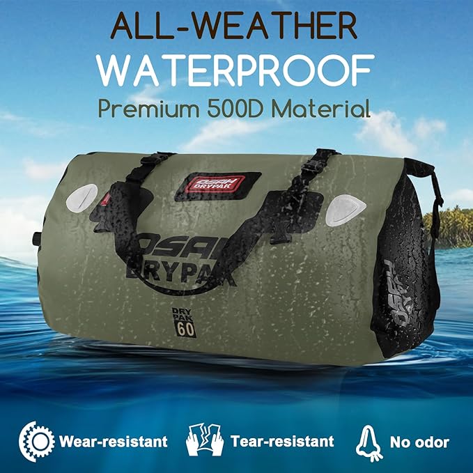 OSAH DRYPAK Waterproof Duffel Bag - Motorcycle Dry Bag Tail Bag with Large Storage Space, Waterproof Luggage Duffle Bags with Outer Mesh Zipper Pocket for Camping, Kayaking, Fishing & Traveling