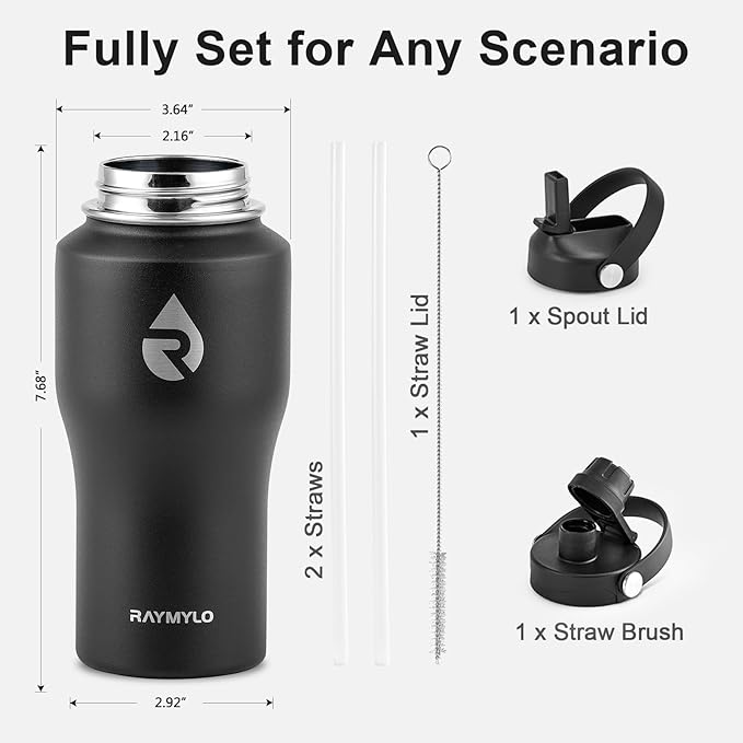 RAYMYLO 18 oz Insulated Water Bottle with Straw fit in Car Cup Holder, Triple Wall Vacuum Stainless Steel(Cold 48 hrs, Hot 24 hrs), Leakproof & Non-BPA, Hydro Travel Flask with Straw and Spout Lid
