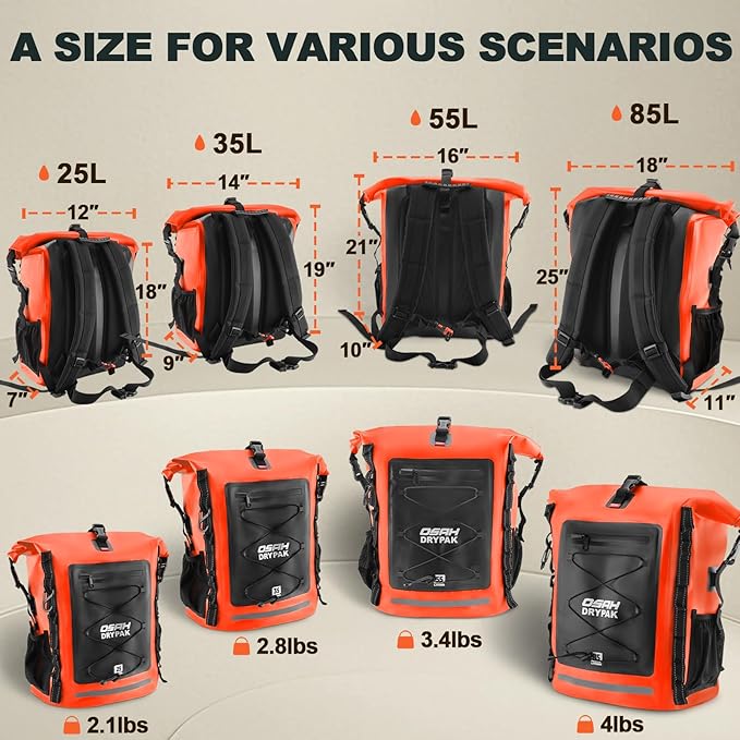 OSAH DRYPAK Waterproof Backpack Dry Bag 25L/35L/55L/85L – Heavy Duty Roll-Top Hiking Backpack Sack Keeps Gear Dry for Travel, Kayaking, Boating, Camping, Rafting and Fishing