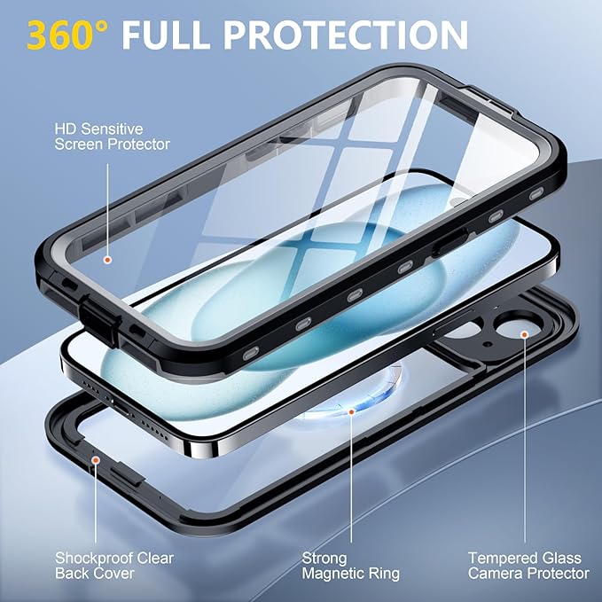 Red2Fire for iPhone 15 Case Waterproof, [Built-in Screen Protector & Camera Protector][Compatible with MagSafe][Full Body Shockproof][IP68 Waterproof][Dustproof] Phone Case 6.1" Black/Clear