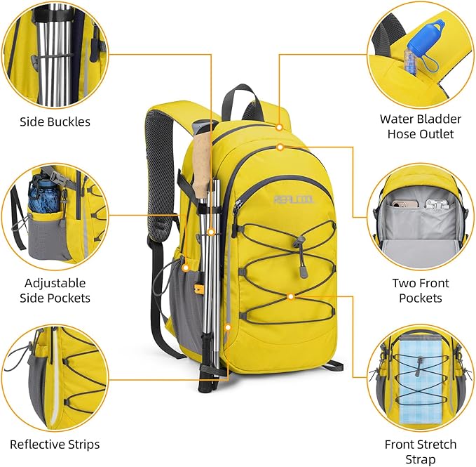 RealCool Hiking Backpack for Men Women,20L Lightweight Waterproof Travel Camping Backpack Hiking Daypack for Cycling Running,Yellow