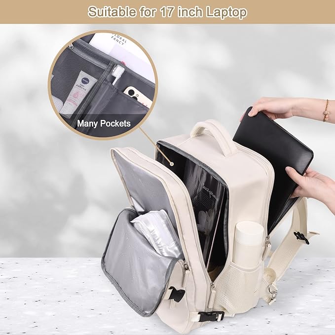 Sinaliy Travel Backpack for Women, Expandable 40L Carry on Flight Approved Backpack, 17 Inch Laptop Waterproof Travel Bag for College, Travel, Work, Beige