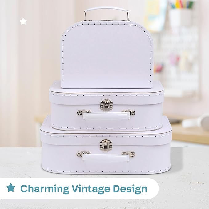 Jewelkeeper Paperboard Suitcases, Set of 3 Vintage Decorative Storage Box, Luggage Decor Storage, Vintage Decor for Birthday, Weddings, White Design
