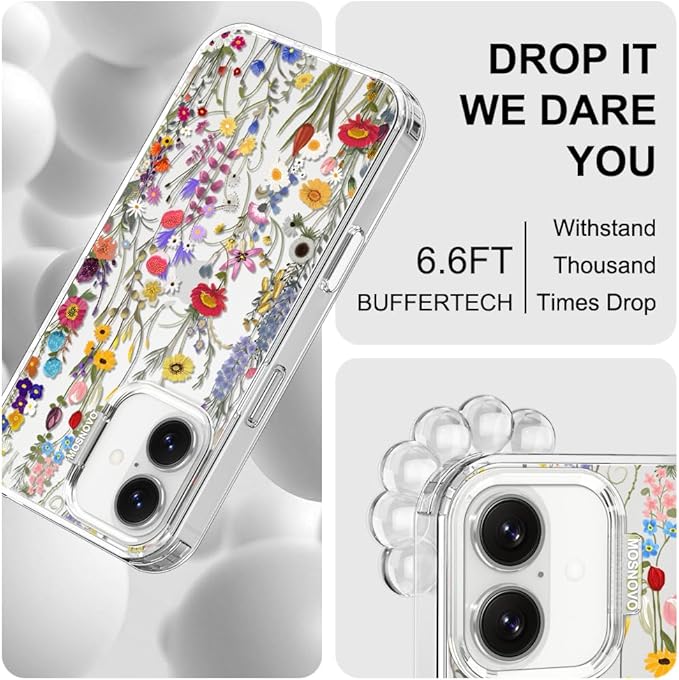 MOSNOVO for iPhone 17 Case | Military Grade 6.6ft Drop Tested | Camera Control | Clear with Wildflower Meadow Design