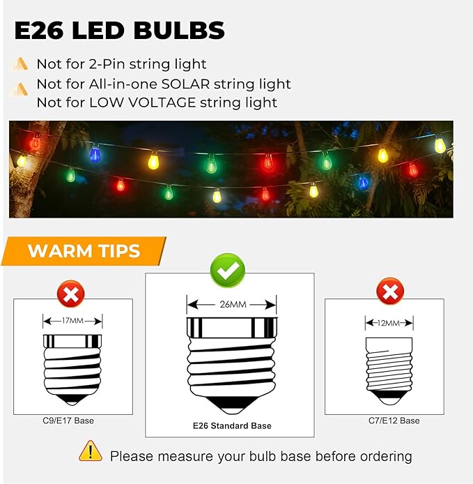 GvvooHome 15 Pack S14 Colored LED String Light Bulbs, 1W Plastic Shatterproof Replacement Bulbs for Outdoor Patio Backyard Lights, E26 Medium Base, Dimmable, Warm White 2200K, Red/Green
