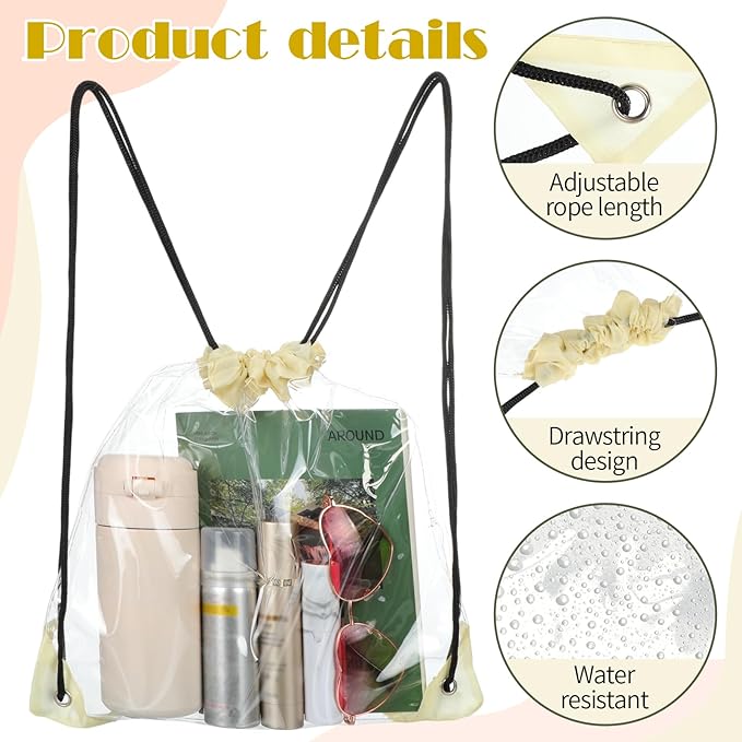 Shappy 30 Pcs Clear Drawstring Backpack, Plastic Waterproof Transparent Stadium Bags String Bag for Gym Travel (Beige)