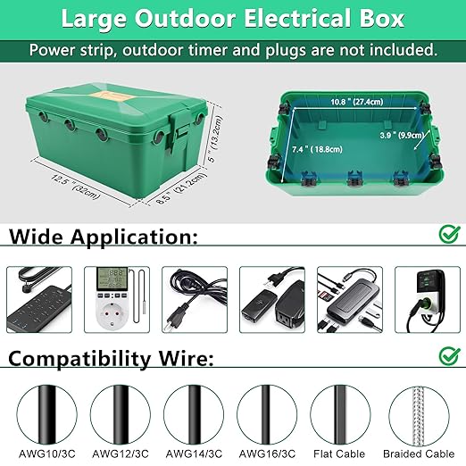 NineLeaf IP54 Waterproof Electrical Box, Outdoor Weatherproof Plug Cover (12.5 x 8.5 x 5 inch),Extension Cord Cover for Outdoor Timer, Extension Cord, Power Strip, String Light, Green