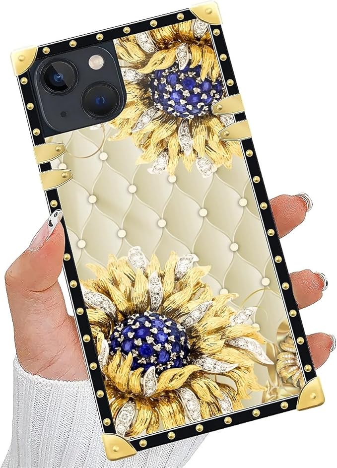 Compatible with iPhone 15 Case, Sunflower Diamonds Leather Luxury Golden Decoration for Girl Women Soft TPU Shockproof Protective Hard PC Back for iPhone 15
