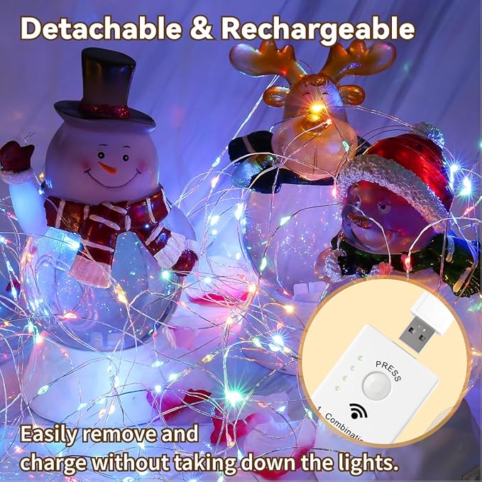 HXWEIYE Rechargeable Fairy Lights Battery Operated, DIY Timer & 8 Modes, 2 Pack 16FT 50LED Twinkle String Lights Indoor, Led mini Lights for Bedroom Wedding Dorm Christmas Tree Decor (Multicolor)