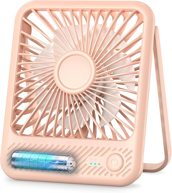 Koonie Desk Fan, Ultra Quiet 2.5-11h Battery Operated Small USB Fan with Strong Wind, 180° Tilt Folding and 3 Speeds Adjustable, Battery Powered Mini Personal Fan for Office Bedroom Desktop Pink