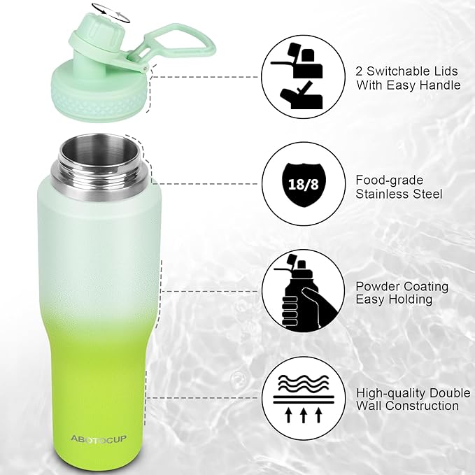 ABOTOCUP 32oz Insulated Water Bottle, Fit in Any Car Cup Holder, Water Bottle with Straw Lids, Stainless Steel Insulated Water Flask Double Wall Leak-proof BPA Free to Keep Cold&Hot