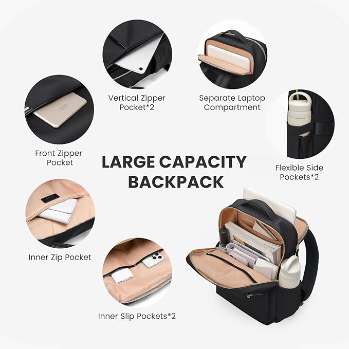Laptop Backpack for Women, Work Business Traval Computer Backpacks with Laptop Compartment Waterproof Casual Daypack for Travel College,14Inch,Black