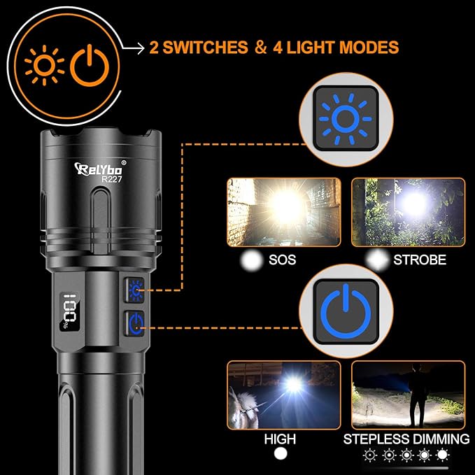 Relybo Rechargeable Flashlights High Lumens, LED Flashlight 100000 Lumens, Super Bright High Powered Flashlights, Long Rang 5000 FT, 2 Switch, Powerful Flashlights for Home Emergency Camping