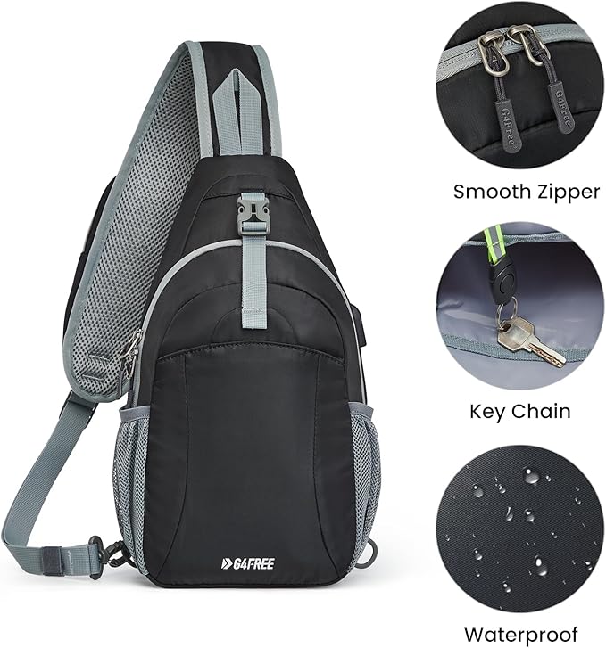 G4Free Sling Bag RFID Crossbody Sling Backpack with USB Charging Port, Travel Hiking Daypack Shoulder Chest Bag for Women Men(Black)