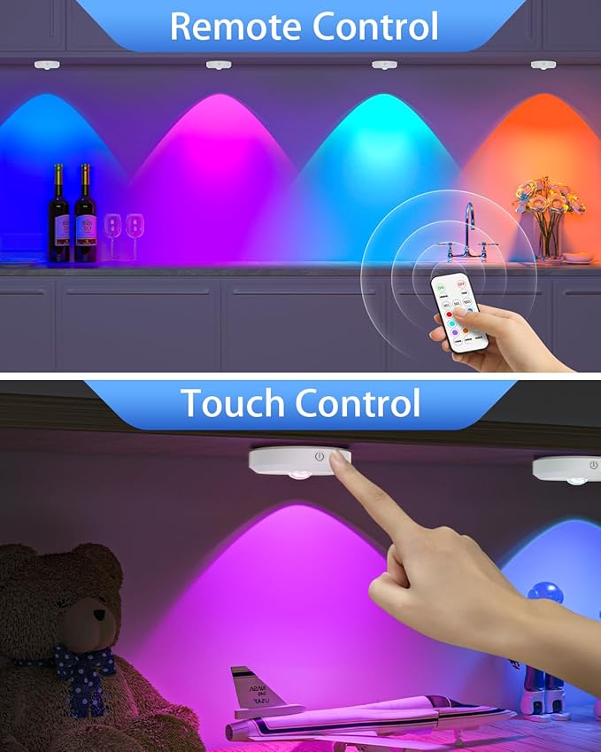 WILLED RGB Rechargeable Puck Lights with Remote Control, Under Cabinet Lighting Wireless, Dimmable Push Lights, Multicolor and Timing Function, LED Puck Lights for Kitchen, Cabinet and Shelf(6 Pack)