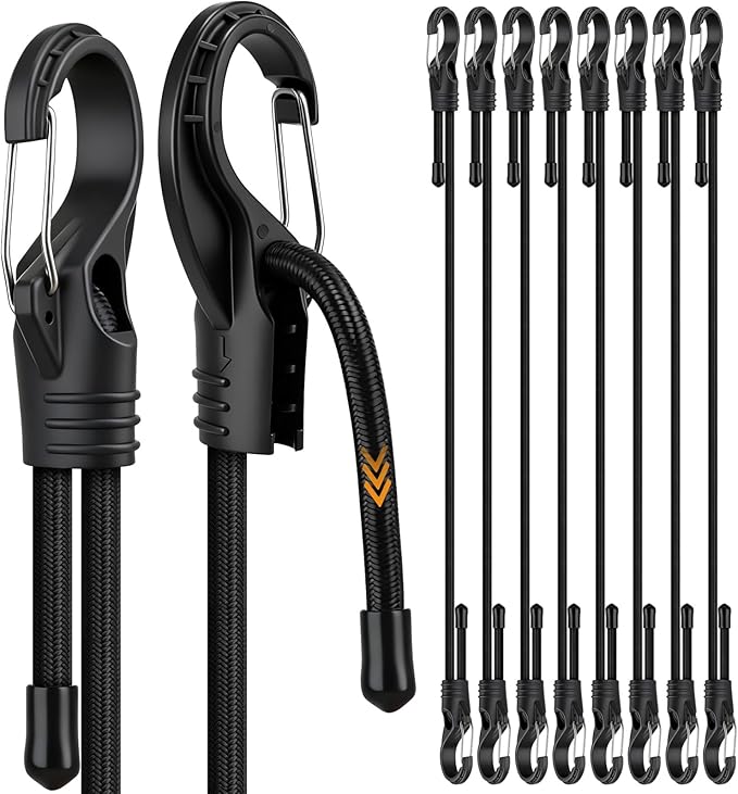 8-Piece 36-inch Adjustable Bungee Cords with Hooks, Heavy Duty Outdoor Carabiner Bungee Straps, Easily Adjust from 7" to 36", Black Super Elastic Cord for Cargo, Camping, Bike Racks, Tents