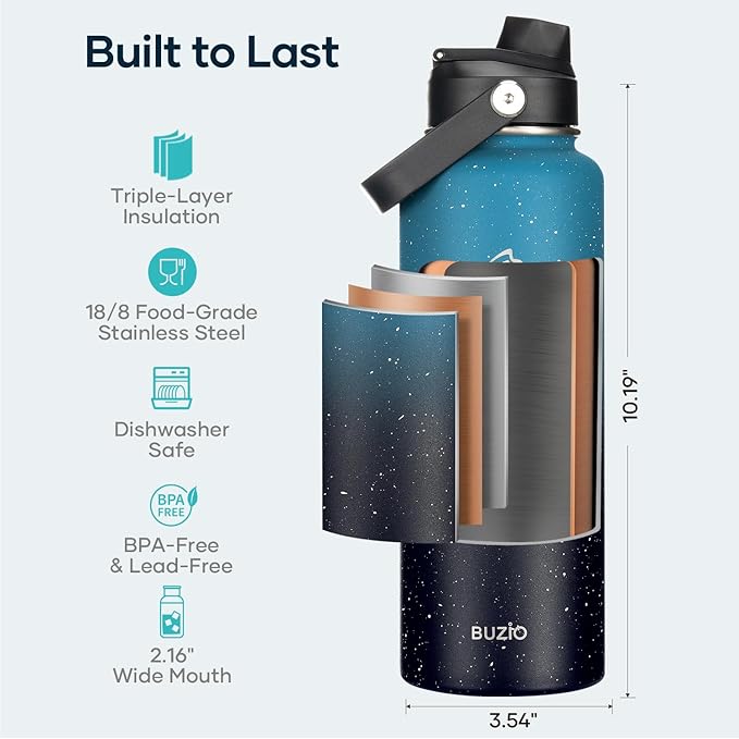 BUZIO 40oz Insulated Water Bottle with Straw, Stainless Steel Double Wall Sports Wide Mouth Water Bottle, BPA-Free Flex Cap and Straw Lid, Keep Cold for 48 Hrs, Hot for 24 Hrs, Starry Indigo