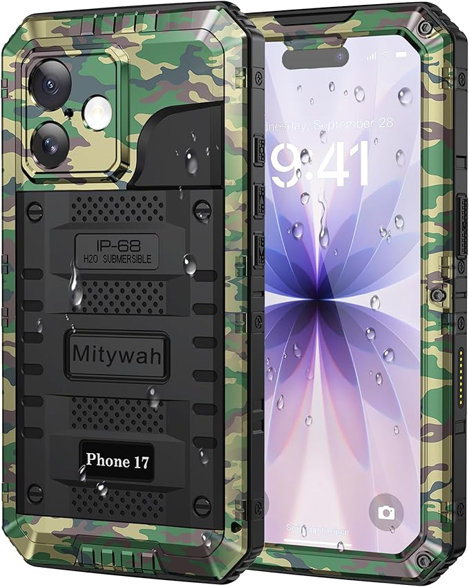 Mitywah Waterproof Case for iPhone 17, Rugged Metal Case with Built-in Screen Protector, Heavy Duty Full Body Shockproof Protective Cover 6.3 inch, Camouflage